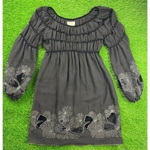 MSSP Boho Peasant Dress Size M Black Smocked Velvet Applique Beaded Sleeves Mini